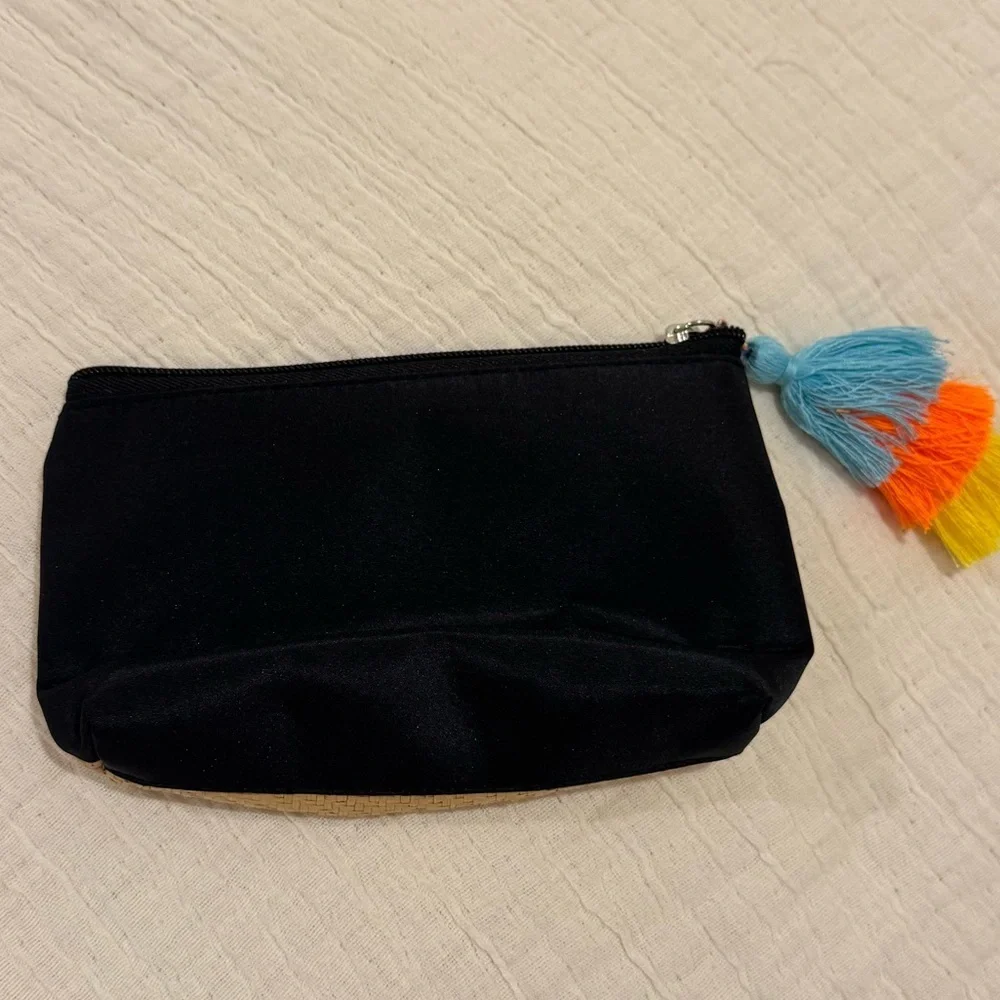 Woven Tan Clutch Cosmetic Pouch - Colorful Tassel Pom Pom / Toiletry bag